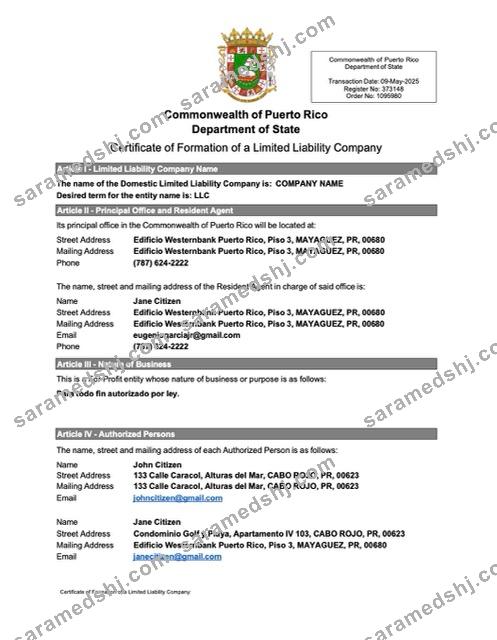 Puerto Rico certificate of formation of a limited liability company Word and PDF template